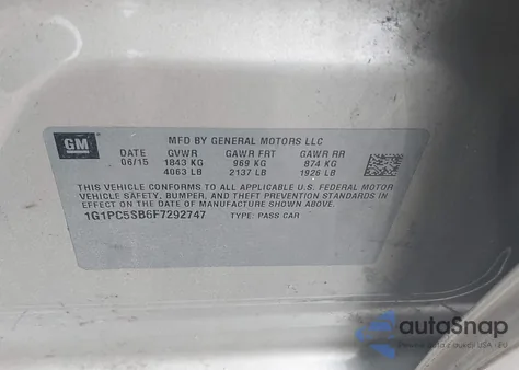 2015 Chevrolet Cruze 1Lt Auto из США, поврежденный, VIN 1G1PC5SB6F7292747